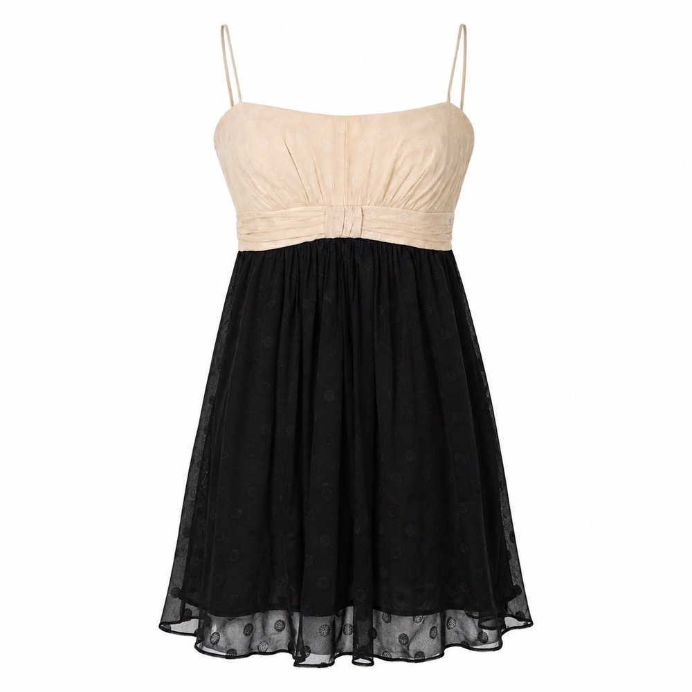 VTG Milly Silk Chiffon Mini Dress Black Cream Empire Waist Polka Dot Babydoll 6